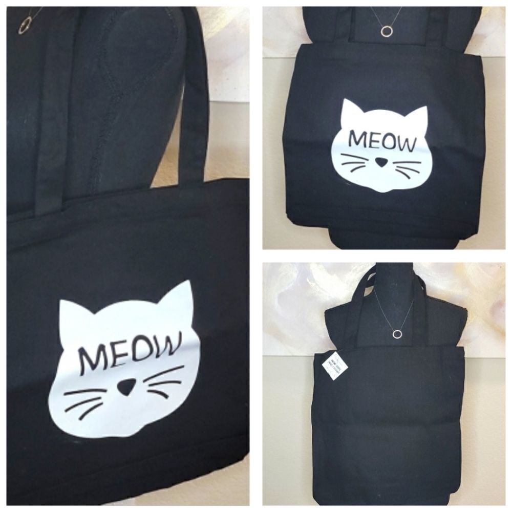 Black Canvas Graphic Meow Tote Bags 🐈 😻